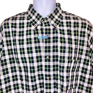 Paul Fredrick Mens XL Dress Shirt White Green Navy Blue Plaid Long Sleeve